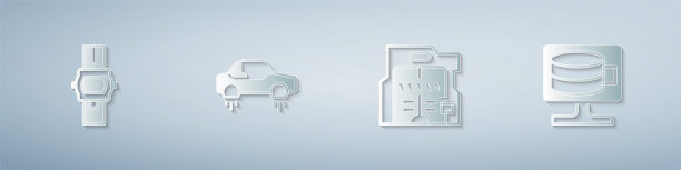 设置腕表，神奇的飞行汽车，未来的滑动门和云数据库。纸艺术风格。向量图片下载