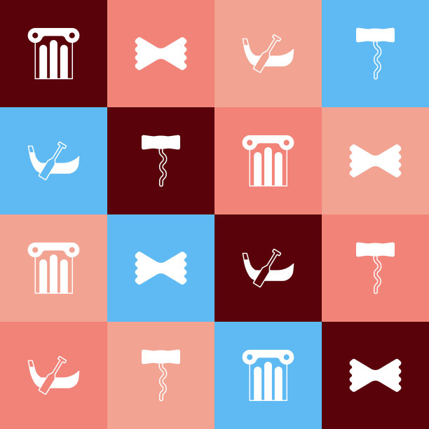 设置波普艺术古代柱，通心粉，贡多拉船和葡萄酒开瓶器图标。向量图片下载