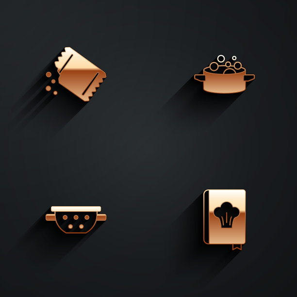 设置小包胡椒，烹饪锅，厨房滤锅和烹饪书图标与长阴影。向量图片下载