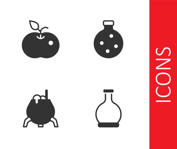 设置瓶子与药水，毒苹果，女巫釜和图标。向量图片下载