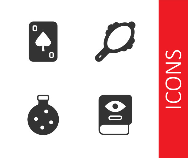 设置古代魔法书，扑克牌，药水瓶子和魔术手镜图标。向量图片下载