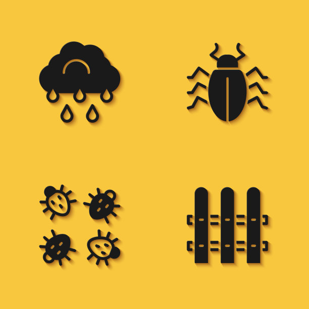 设置云与雨，花园栅栏木，科罗拉多甲虫和图标与长阴影。向量图片下载