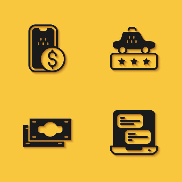 设置手机银行，出租车手机app，栈纸钱现金和服务评级图标与长阴影。向量图片下载