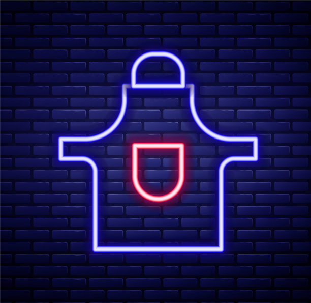 发光的霓虹灯线厨房围裙图标孤立在砖墙背景。厨师制服用于烹饪。色彩斑斓的轮廓的概念。向量图片下载