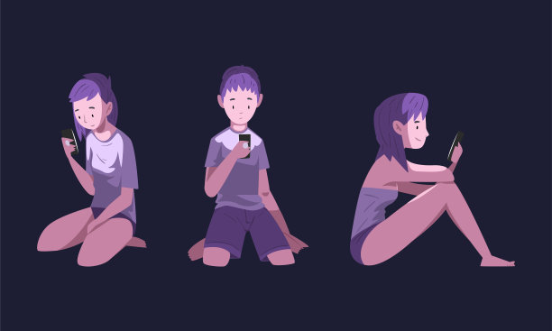 人们在晚上坐在床上使用数字小工具在黑暗的向量集图片下载