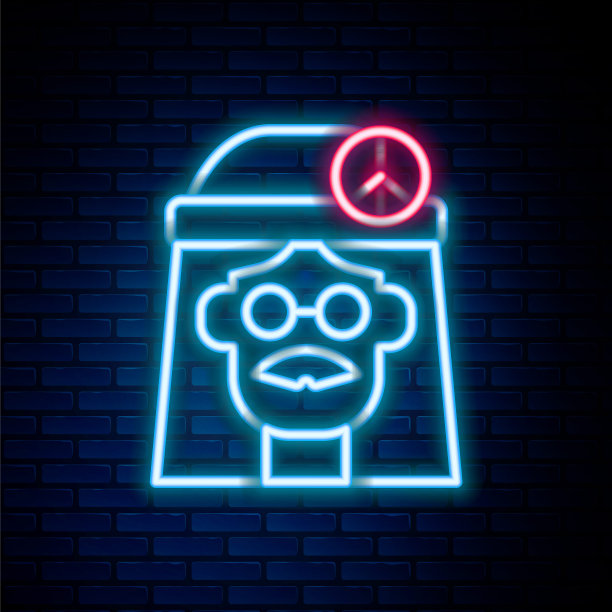 发光的霓虹灯线嬉皮女孩图标孤立在砖墙背景。和平与爱的星座。象征和平主义，自由和爱。色彩斑斓的轮廓的概念。向量图片下载