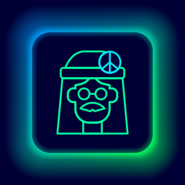 发光霓虹灯线嬉皮女孩图标孤立在黑色背景。和平与爱的星座。象征和平主义，自由和爱。色彩斑斓的轮廓的概念。向量图片下载