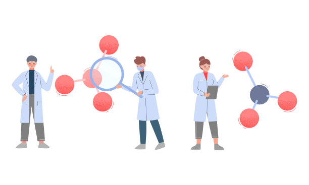 实验室里的科学家穿着白大褂，用巨大的实验室设备向量集做化学研究图片下载