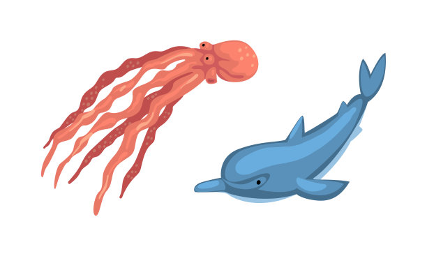 水下动物与水母和海豚向量集图片下载