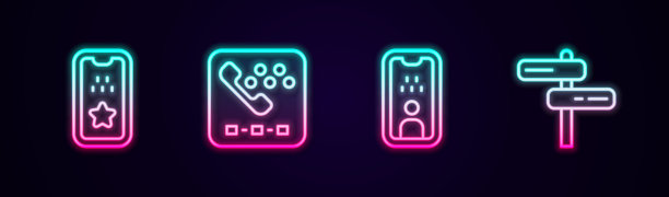 设置出租车手机app、电话服务、驾驶证、道路交通标志。发光的霓虹灯图标。向量图片下载