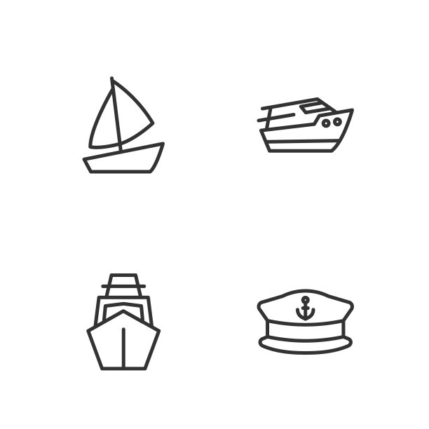 设置线船长帽，游艇和快艇图标。向量图片下载