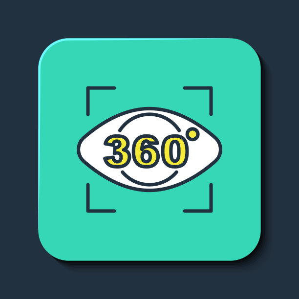 填充轮廓360度视图图标孤立在蓝色背景上。虚拟现实。角度360度的相机。全景照片。绿松石平方按钮。向量图片下载