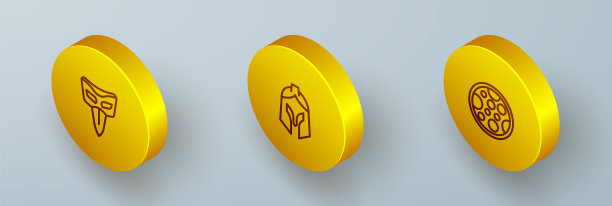 设置等距线狂欢节面具，罗马军队头盔和披萨图标。向量图片下载