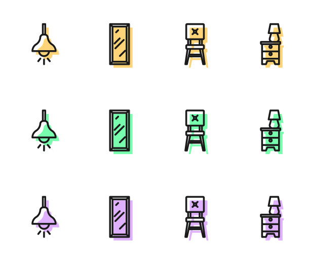 设置线椅子，灯挂，大全长镜子和家具床头柜与灯图标。向量图片下载