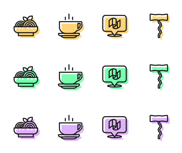 设置线旗意大利，意大利面，咖啡杯和葡萄酒开瓶器图标。向量图片下载