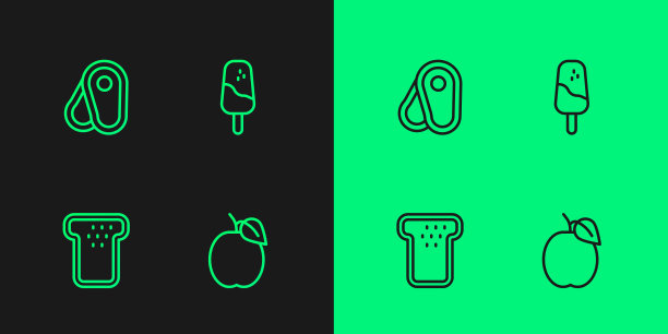 设置线李子水果，面包吐司，牛排肉和冰淇淋图标。向量图片下载