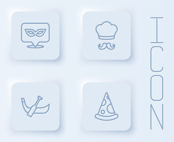 集嘉年华面具、意大利厨师、贡多拉船、披萨片于一体。白色正方形按钮。向量图片下载