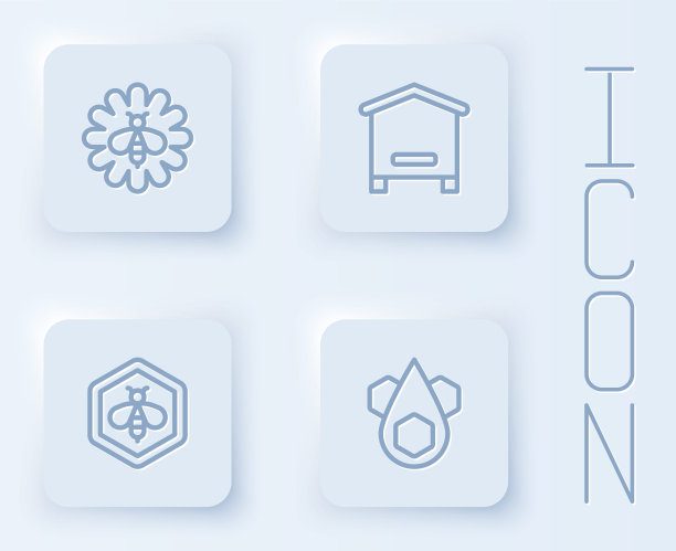 设置线蜜蜂在花，蜂巢为蜜蜂，和蜂窝和蜂窝。白色正方形按钮。向量图片下载