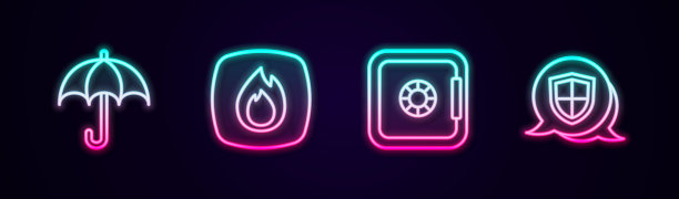 设置伞、火焰、安全、防护线。发光的霓虹灯图标。向量图片下载