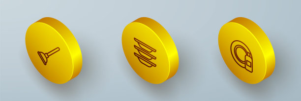 设置等距线橡胶柱塞，洗碗和洗碗瓶和盘子图标。向量图片下载