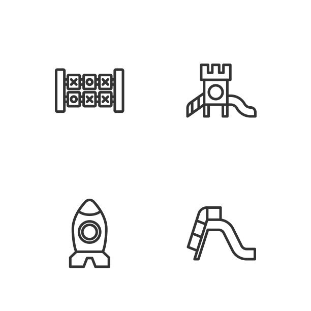 设置线滑梯游乐场，火箭船玩具，教育逻辑游戏和图标。向量图片下载