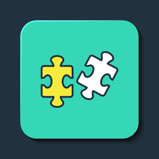填充轮廓拼图碎片玩具图标孤立在蓝色背景。绿松石平方按钮。向量图片下载