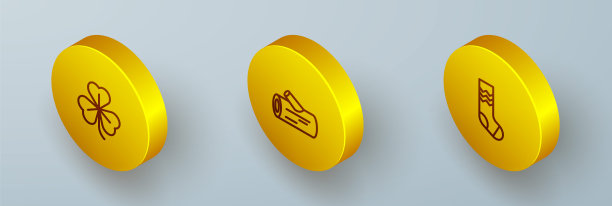 设置等距线三叶草，木制原木和袜子图标。向量图片下载