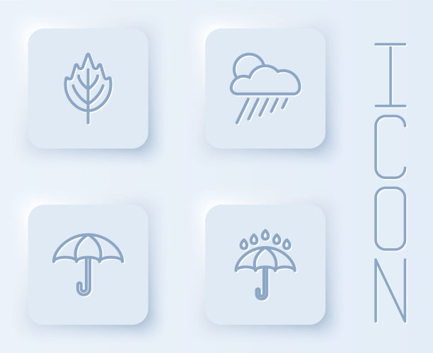 集叶线，云带雨和太阳，伞和雨滴。白色正方形按钮。向量图片下载