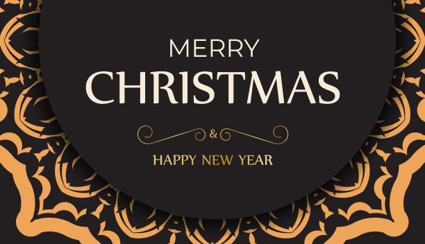 黑色明信片“新年快乐，圣诞快乐”，橙色装饰。图片下载