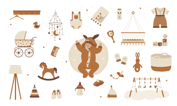 波西米亚婴儿护理用品。可爱的新生儿睡觉。儿童用的老式木制玩具。手绘元素的苗圃装饰。矢量插图在平面卡通风格图片下载