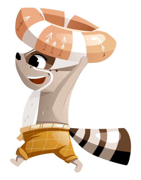 一只快乐的浣熊带着一个充气圈跑去游泳。图片下载