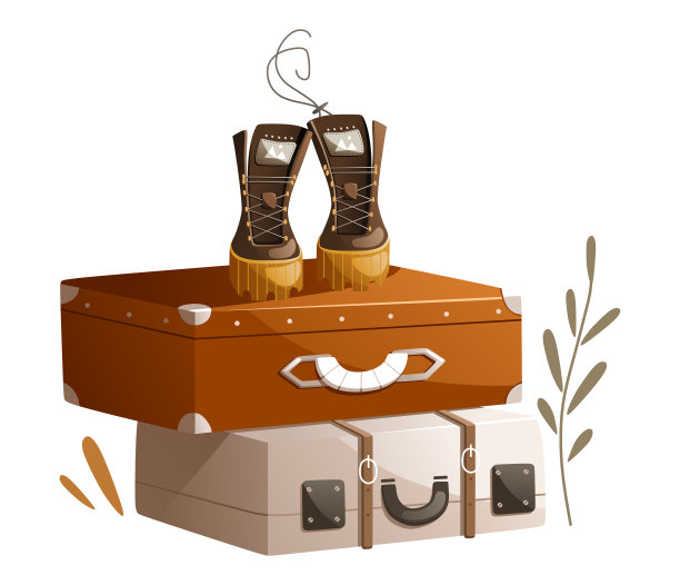 旅行配件说明。行李箱,登山靴。图片下载