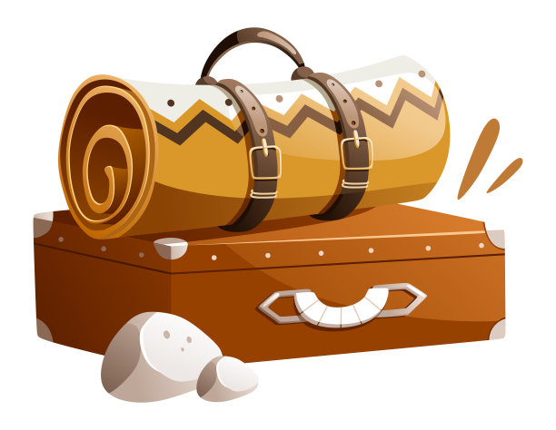 一个旅游地毯和一个打包的手提箱的插图。图片下载