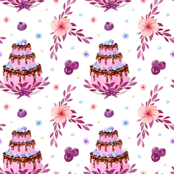 水彩蛋糕。无缝图案与蛋糕为婚礼或生日。海绵蛋糕，奶油糕点，浇上巧克力釉。设计菜单，贴纸。饼干。巧克力釉。图片下载