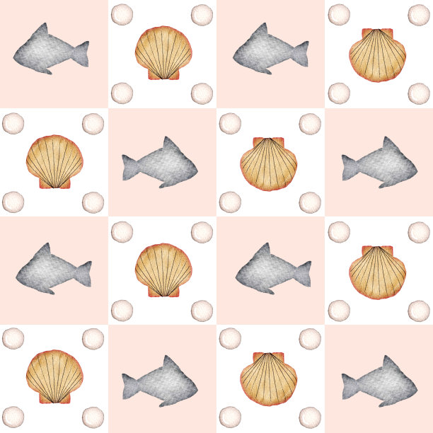 鱼和珍珠水彩检查图案设计图片下载