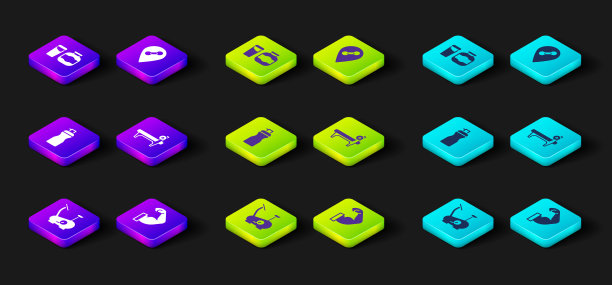 设置固定自行车，健美运动员肌肉，健身摇床，杠铃，位置健身房和运动营养图标。向量图片下载