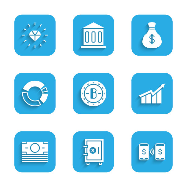 设置比特币，安全，货币支付转移，金融增长，堆栈纸钱现金，饼图信息图，包和钻石图标。向量图片下载