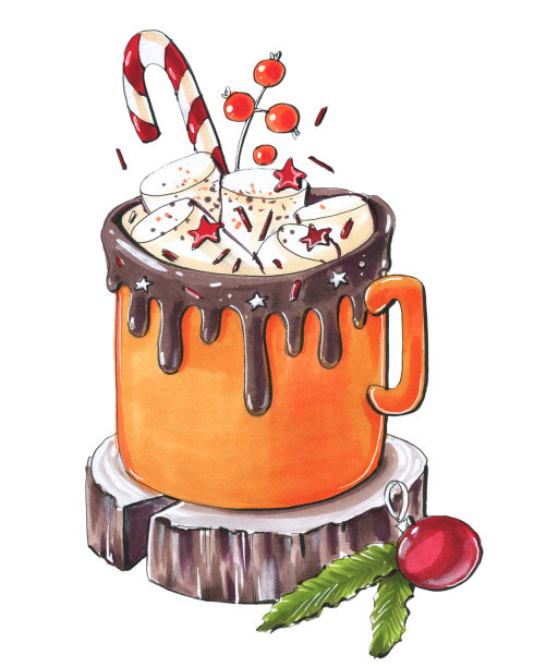 素描标记新年和圣诞节美味的食物明亮的橙色可可杯，棉花糖，木架上的玩具和棒棒糖图片下载