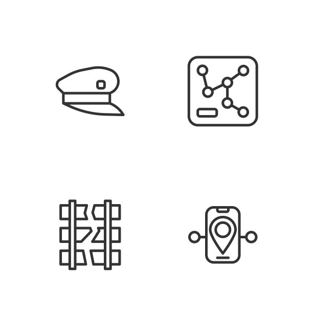 设置线路路线位置，断或裂铁路，火车司机帽和铁路地图图标。向量图片下载