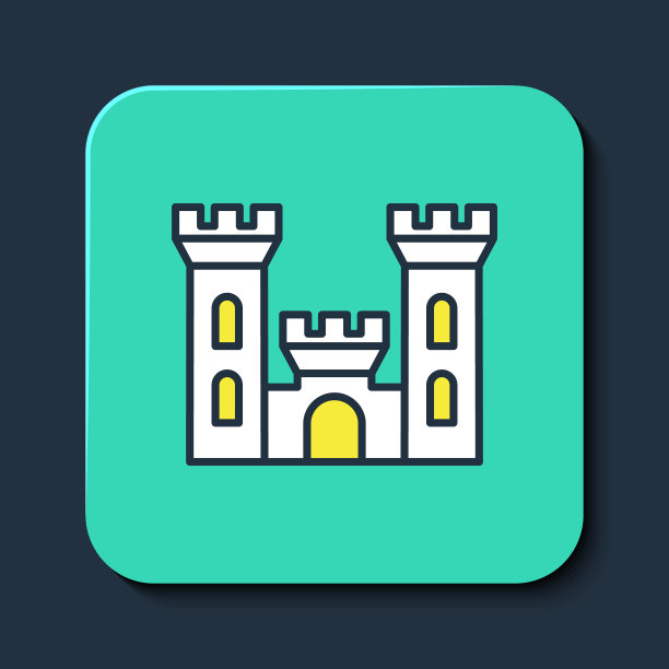 填充轮廓城堡图标孤立在蓝色背景。有塔的中世纪堡垒。防止敌人。城市的可靠性和防御能力。绿松石平方按钮。向量图片下载