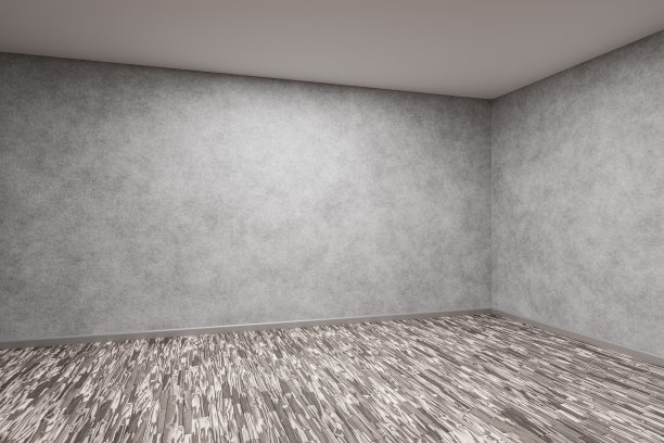 一间空无一人的黑暗房间，木地板和水泥墙。3 d渲染。图片下载