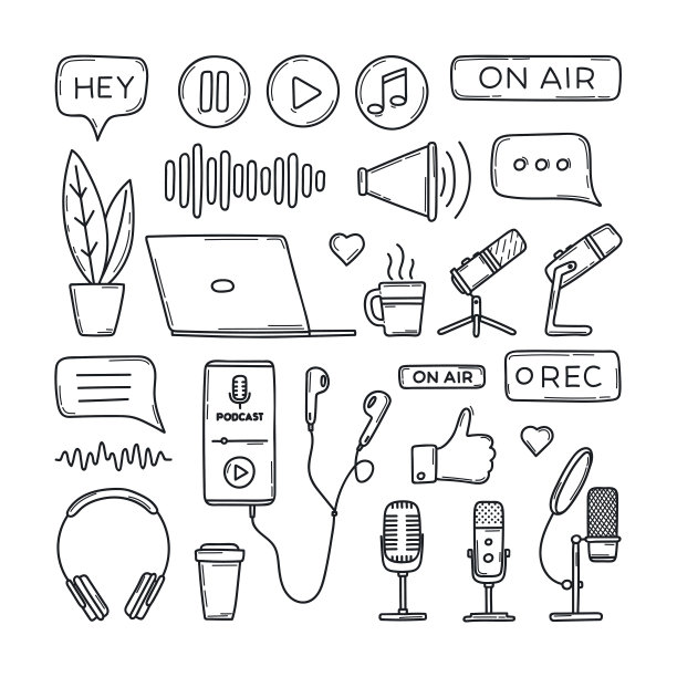 播客，录音，听音频，直播符号涂鸦风格图片下载