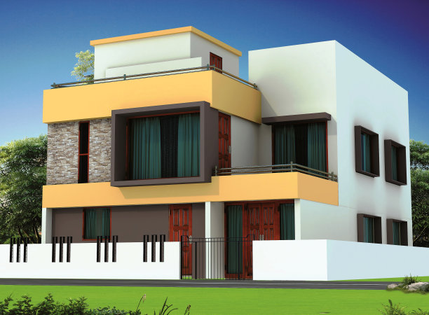 现代私人住宅外观的3D渲染图片下载