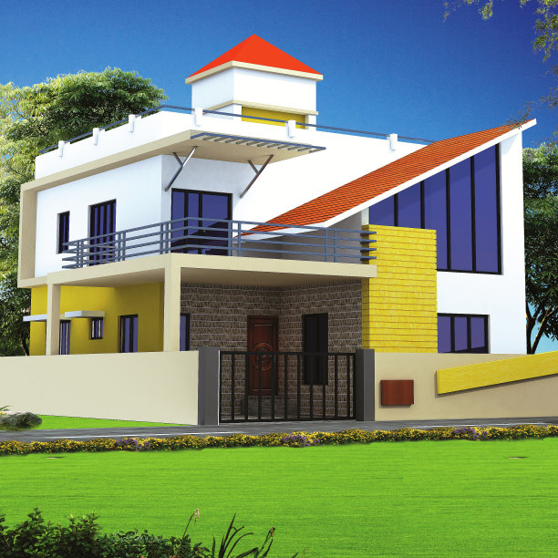 现代私人住宅外观的3D渲染图片下载