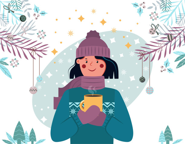 冬天的季节。女孩拿着一个马克杯与植物冬季框架装饰的背景。图片下载