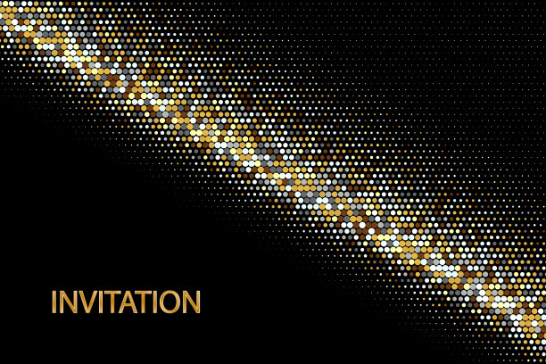 摘要黑色背景的金和银点，半色调设计，邀请图片下载