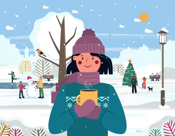 女孩拿着一个冬季城市景观背景的杯子。图片下载