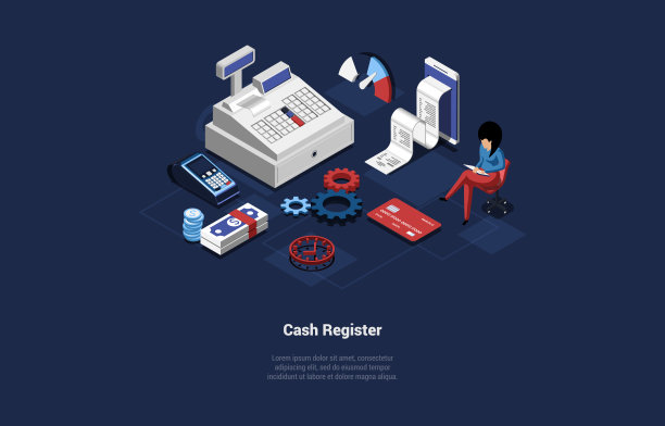 收银机矢量插图在黑暗的背景上卡通3D风格。概念等距设计与字符和文字。专门为商店和金融交易，货币兑换图片下载