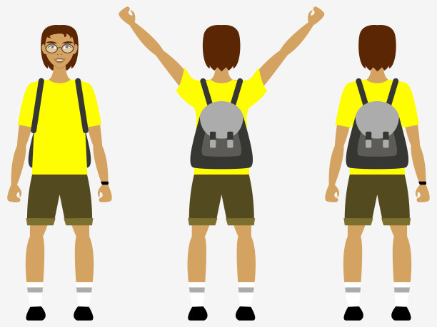 一个穿着黄色t恤，短裤，背着背包的男人站在前面和后面图片下载