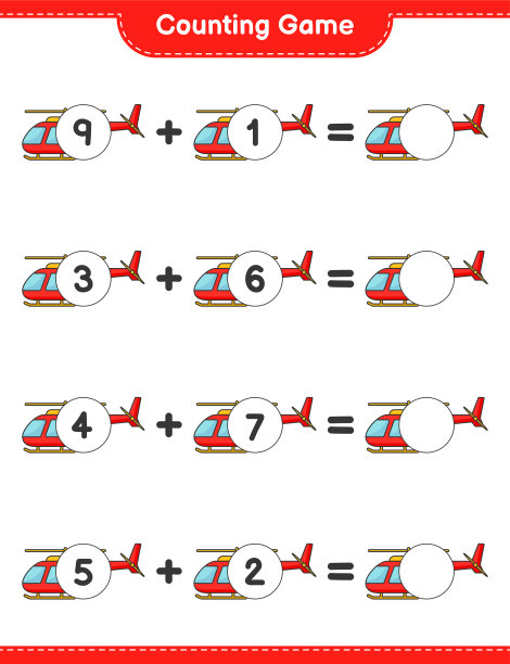 数并匹配，数出直升机的数量并匹配正确的数字。教育儿童游戏，可打印的工作表，矢量插图图片下载